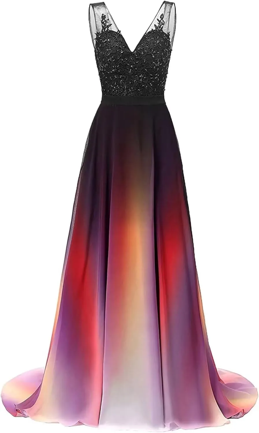 WDBFY Women's Gradient Ombre Chiffon Evening Dresses Beaded Long Formal Prom Dresses A-Line Bridesmaid Gowns