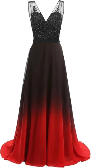WDBFY Women's Gradient Ombre Chiffon Evening Dresses Beaded Long Formal Prom Dresses A-Line Bridesmaid Gowns