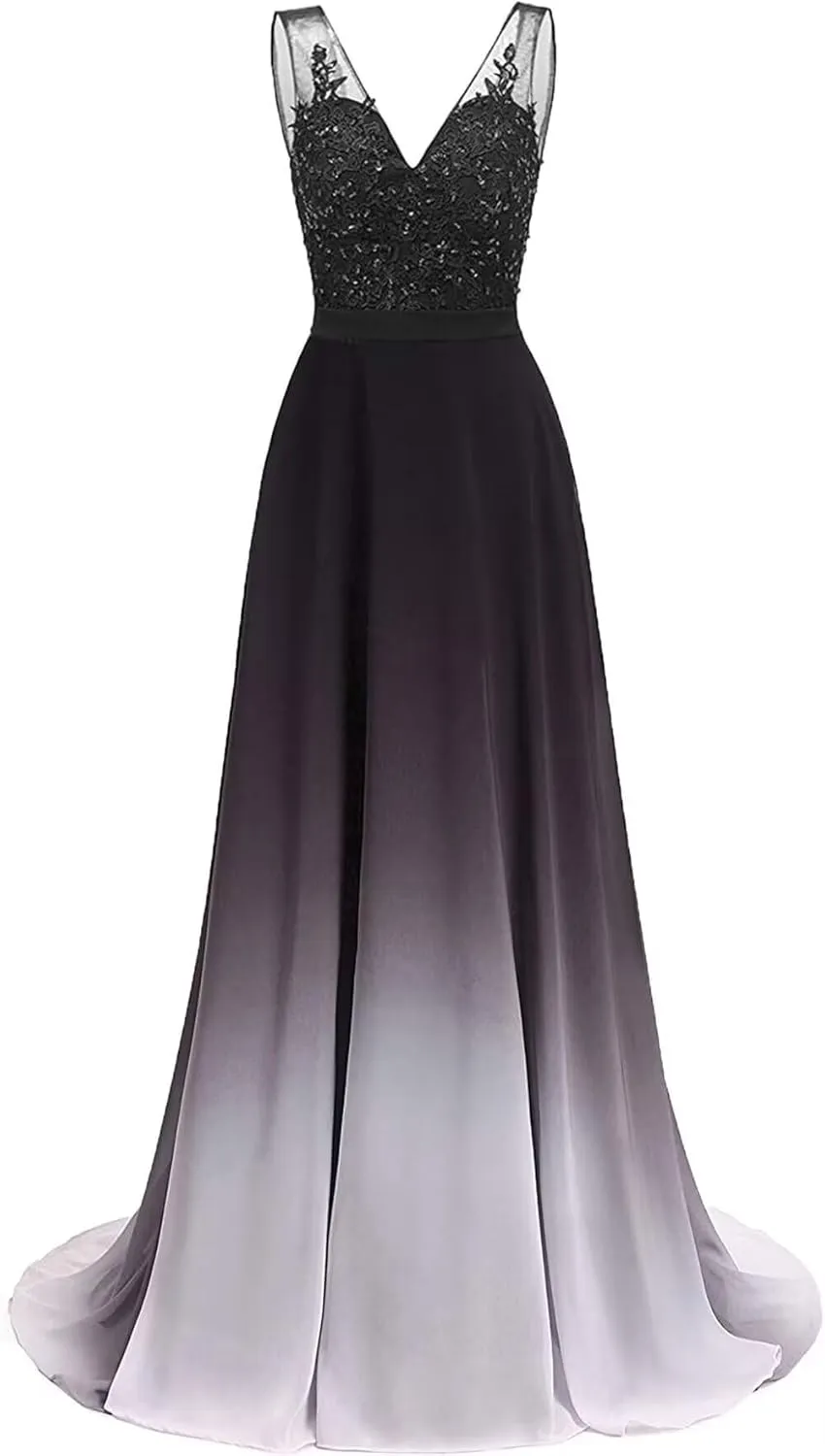 WDBFY Women's Gradient Ombre Chiffon Evening Dresses Beaded Long Formal Prom Dresses A-Line Bridesmaid Gowns