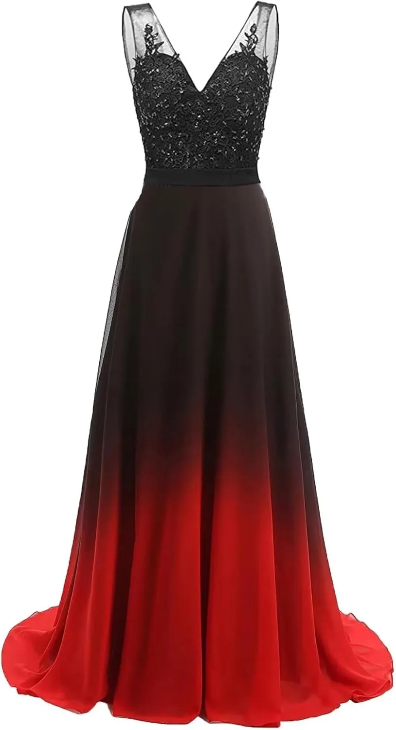 WDBFY Women's Gradient Ombre Chiffon Evening Dresses Beaded Long Formal Prom Dresses A-Line Bridesmaid Gowns