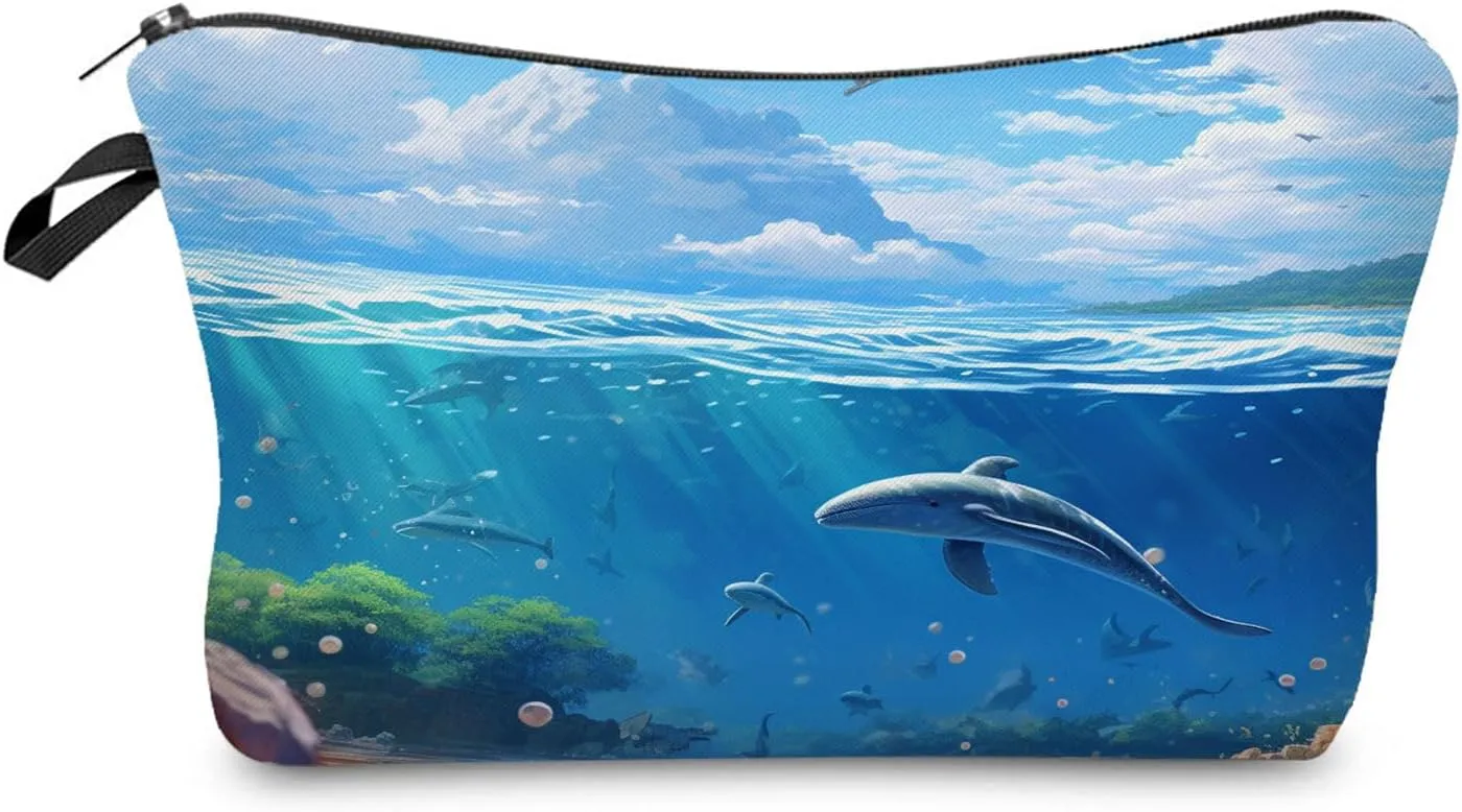 Whales Makeup Bag Cute Small Makeup Organizer Bag Travel Toiletry Zipper Pouch Blue Sea Ocean Gifts for Whale Lovers Whale Gift Cosmetic Bag for Women Friends