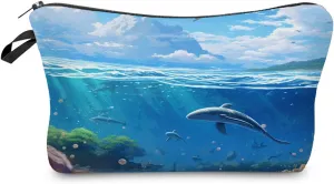 Whales Makeup Bag Cute Small Makeup Organizer Bag Travel Toiletry Zipper Pouch Blue Sea Ocean Gifts for Whale Lovers Whale Gift Cosmetic Bag for Women Friends