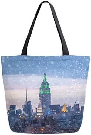 Winter City Landscape Large Canvas Tote Bag Heavy Duty Grocery Bag, Snowing Night Women Casual Shoulder Bag Pocket Reusable Handbags for Travel Beach School Nursing Gift