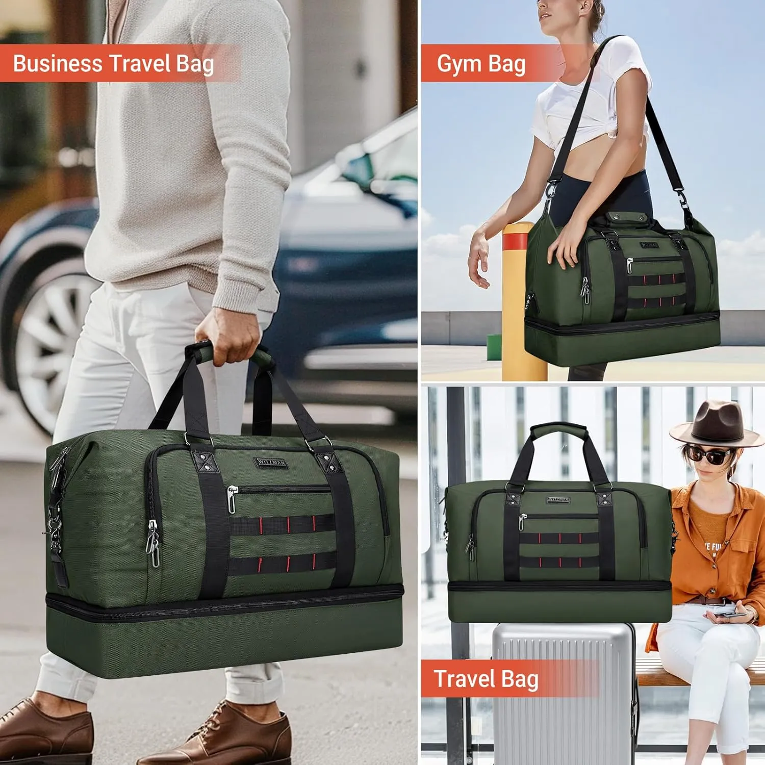 WITZMAN Travel Duffle Bags for Men Weekender Bags with Toiletry Bag Sets Carry On Overnight Bag 55L B696 Army Green