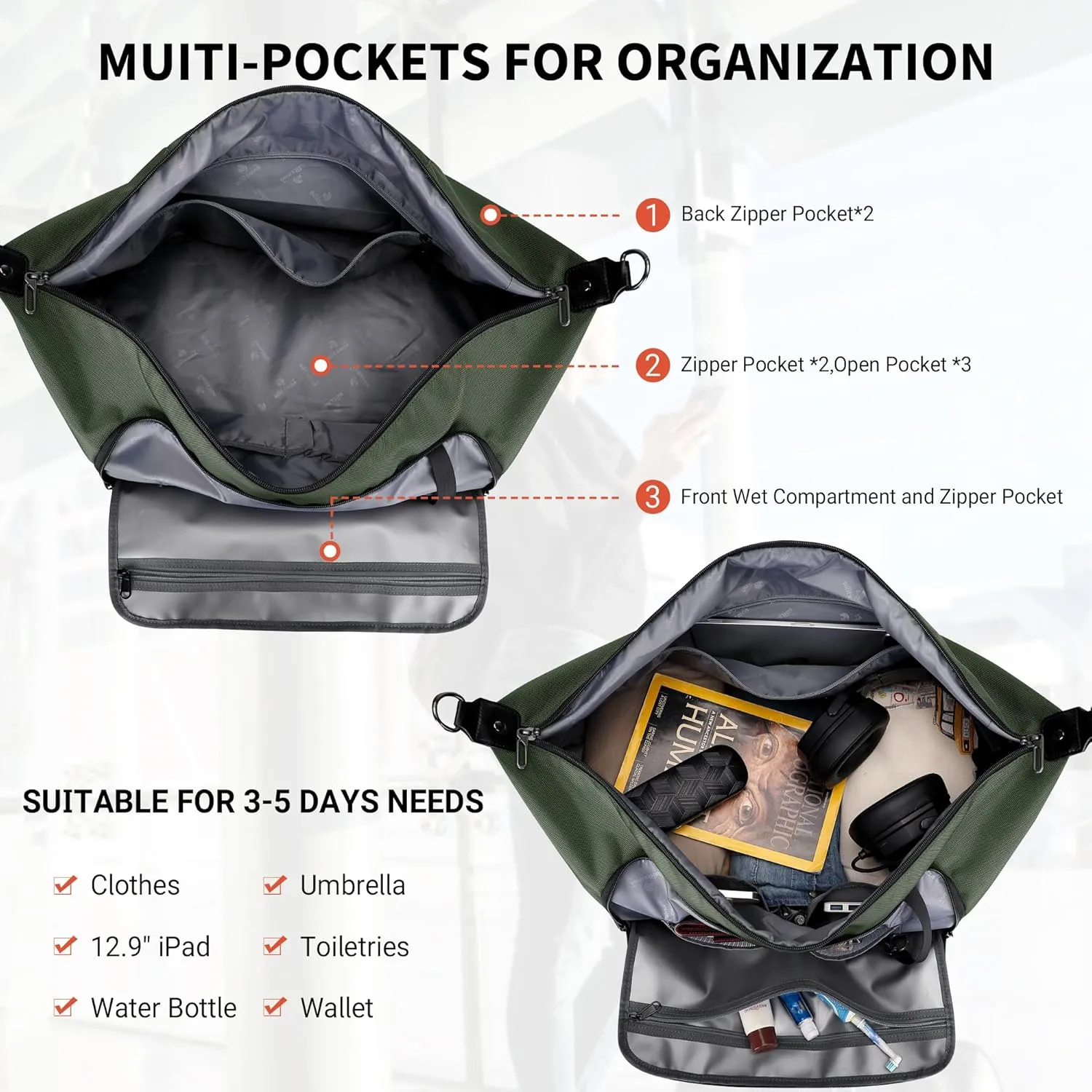WITZMAN Travel Duffle Bags for Men Weekender Bags with Toiletry Bag Sets Carry On Overnight Bag 55L B696 Army Green