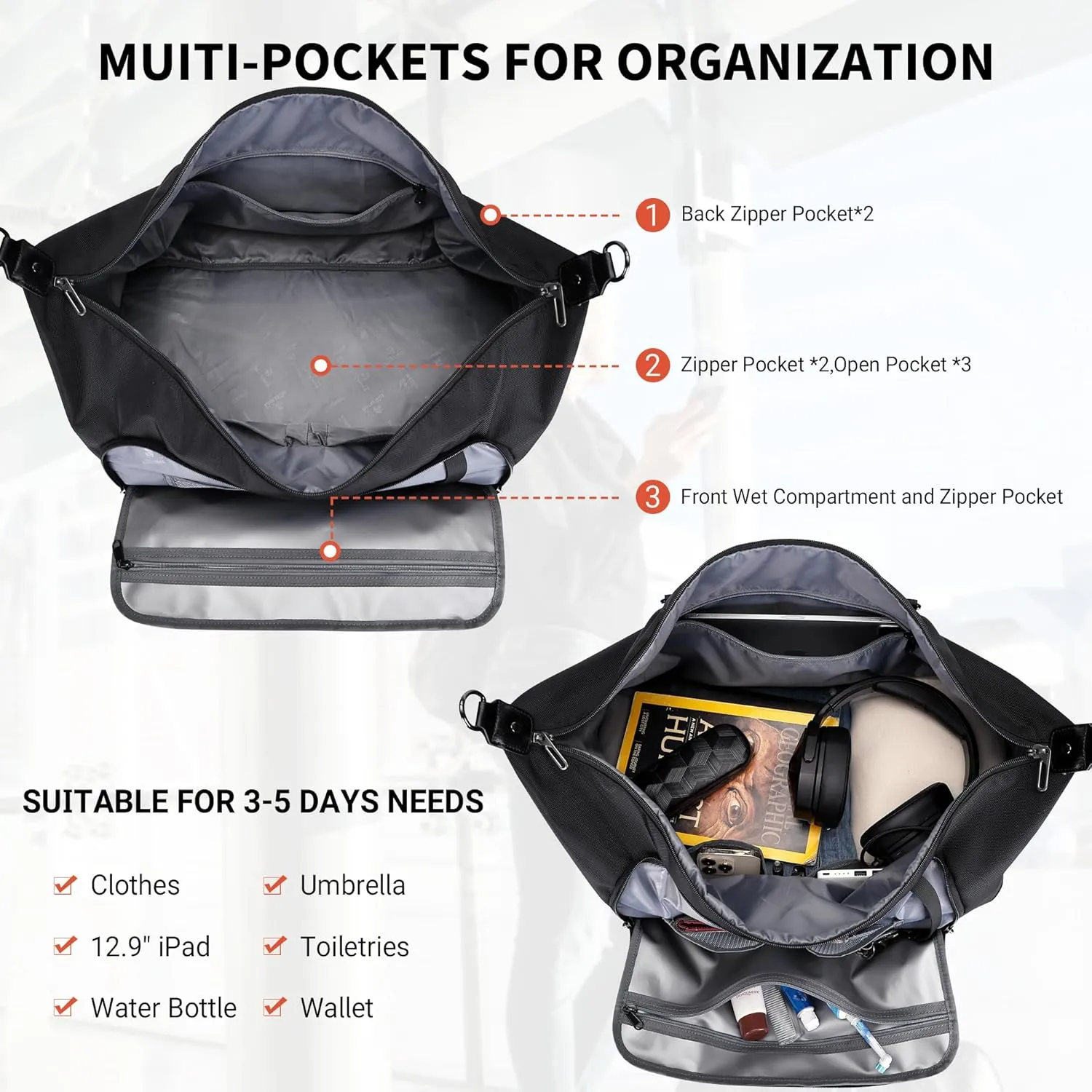 WITZMAN Travel Duffle Bags for Men Weekender Bags with Toiletry Bag Sets Carry On Overnight Bag 55L B696 Black
