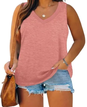 Wkior Plus Size Tank Top for Women V Neck Basic Solid Color Casual Flowy Summer Sleeveless Tunics (XL-5XL)
