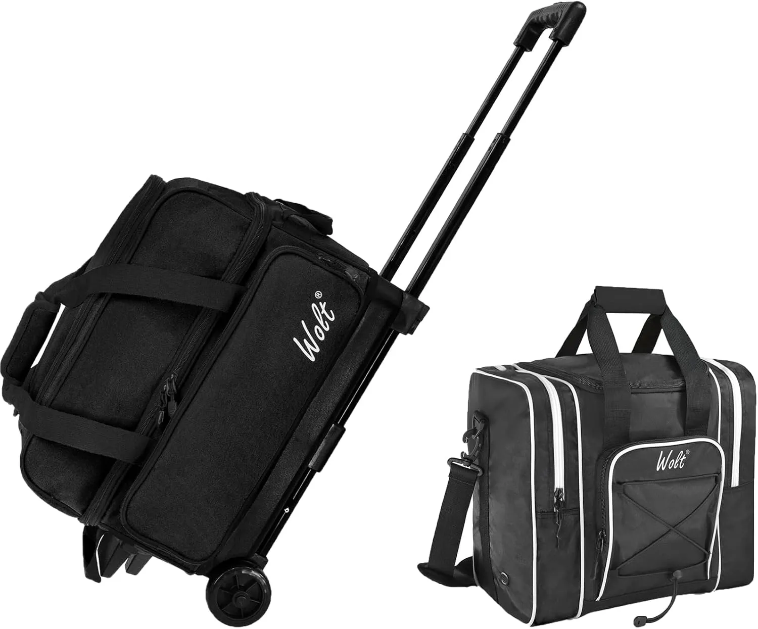 WOLT | Double Roller 2 Ball Bowling Bag with Separate Shoe Compartment-Retractable Handle extends to 40", Bowling Ball Bag for Single Ball - Bowling Ball Tote Bag with Padded Ball Holder