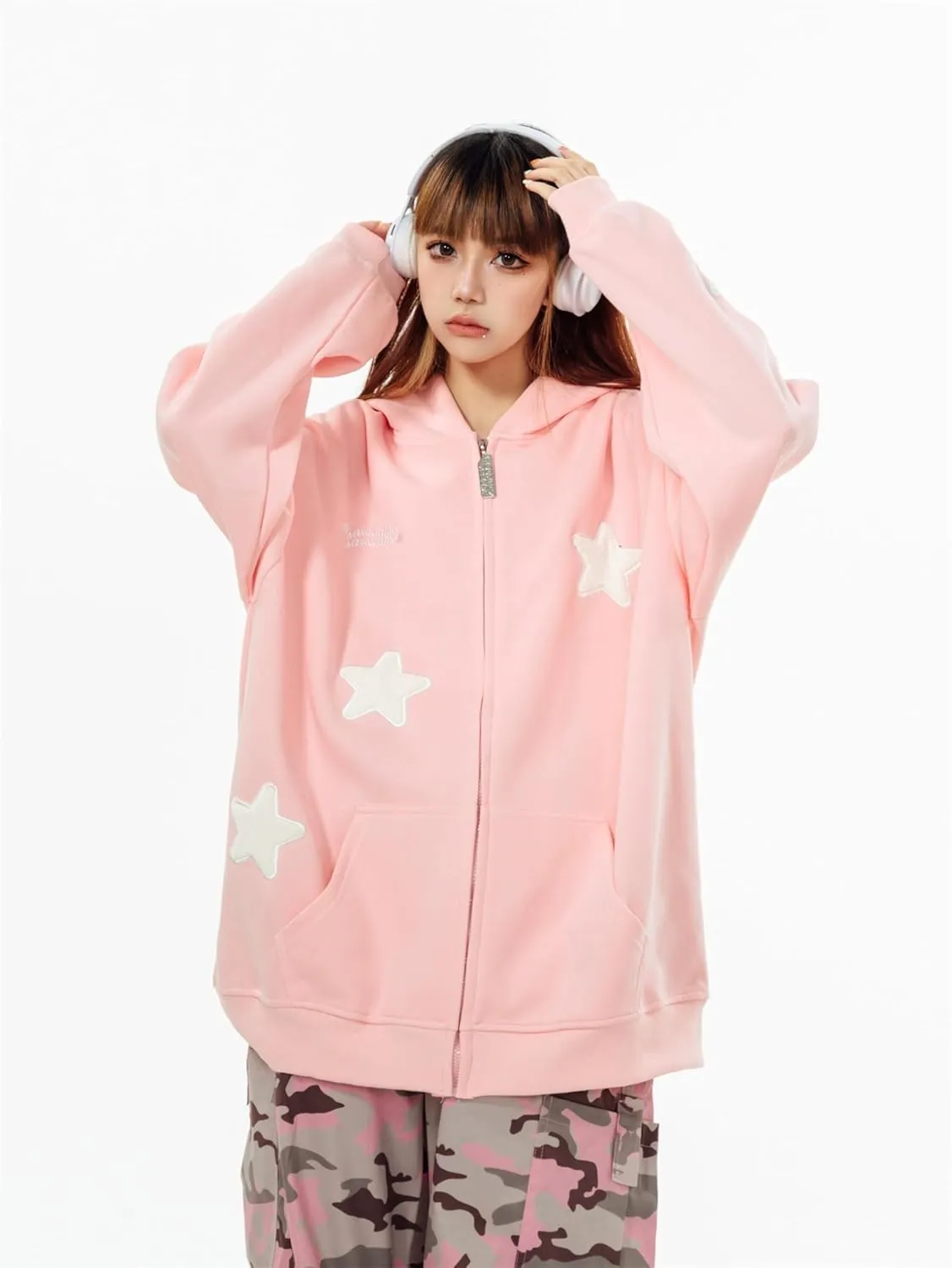 Womans Kawaii Oversized Zip Up Hoodie Y2k Angel Wings Star Aesthetic Harajuku Sweatshirts 90S Vintage Streetwear