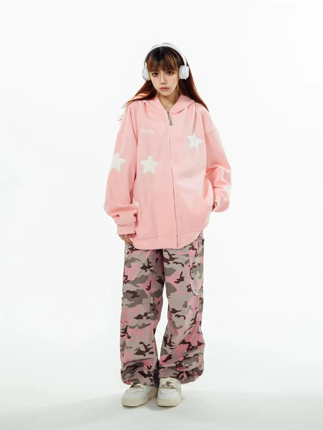 Womans Kawaii Oversized Zip Up Hoodie Y2k Angel Wings Star Aesthetic Harajuku Sweatshirts 90S Vintage Streetwear
