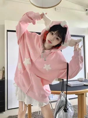 Womans Kawaii Oversized Zip Up Hoodie Y2k Angel Wings Star Aesthetic Harajuku Sweatshirts 90S Vintage Streetwear