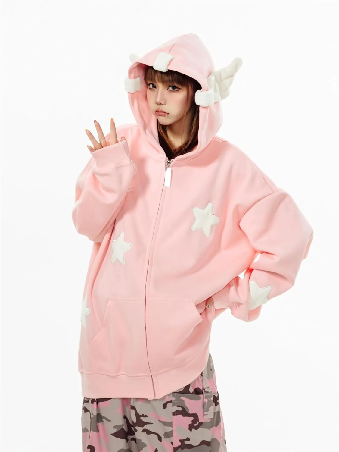 Womans Kawaii Oversized Zip Up Hoodie Y2k Angel Wings Star Aesthetic Harajuku Sweatshirts 90S Vintage Streetwear