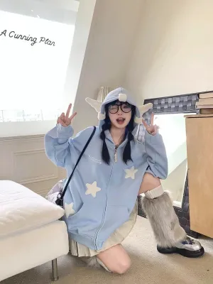 Womans Kawaii Oversized Zip Up Hoodie Y2k Angel Wings Star Aesthetic Harajuku Sweatshirts 90S Vintage Streetwear