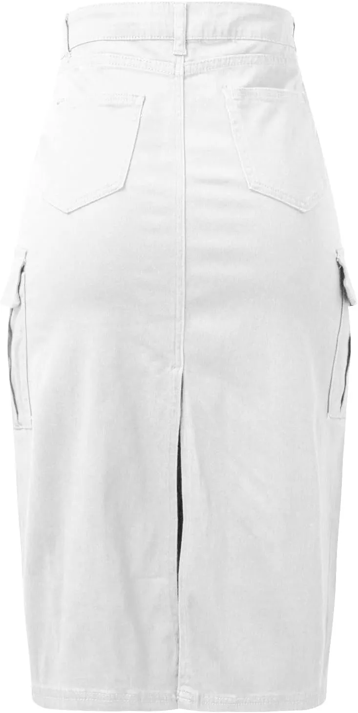 Women 2023 Spring Summer Long Skirts Solid High Waist A-Line Pleated Slim Jean Skirts with Pockets Midi Skirts