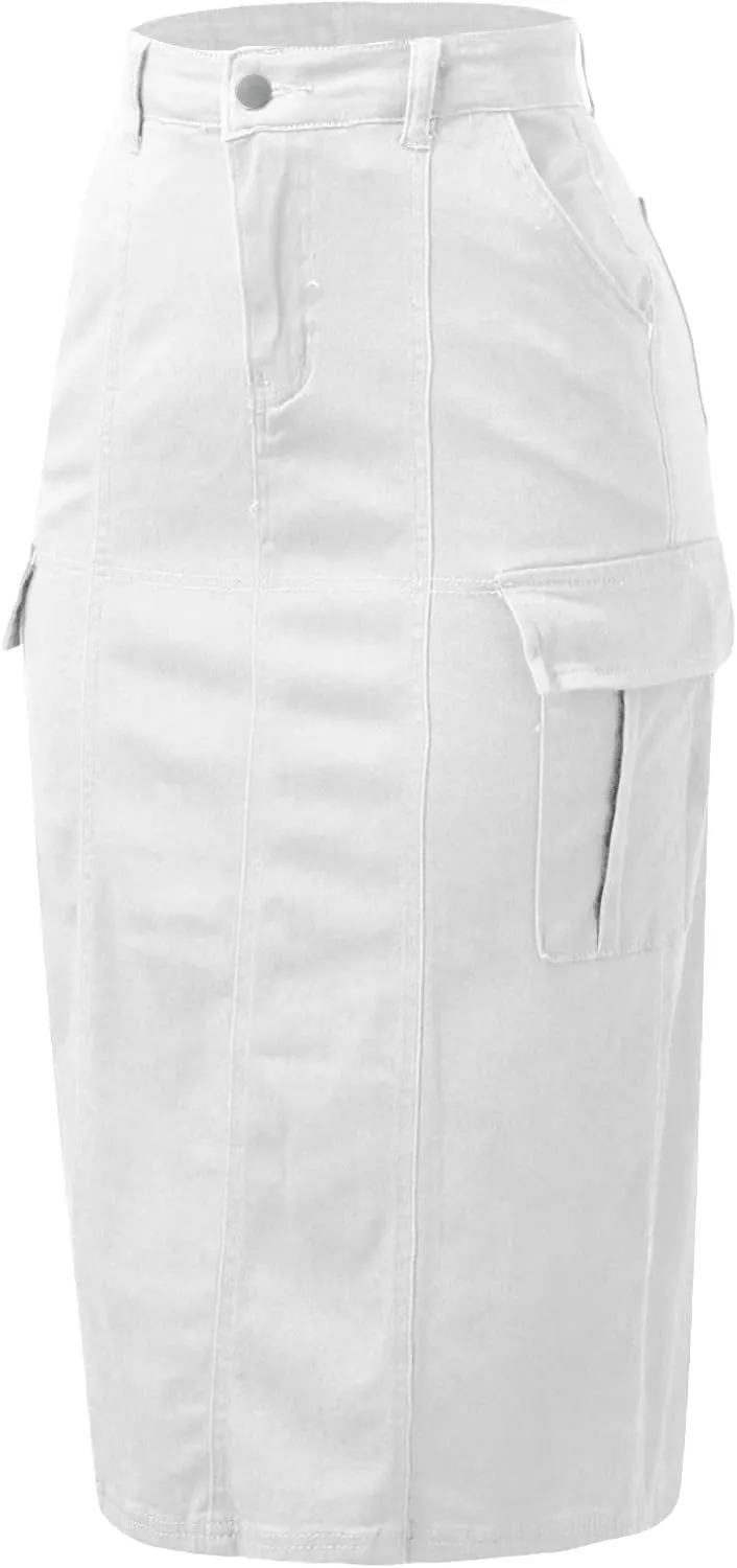 Women 2023 Spring Summer Long Skirts Solid High Waist A-Line Pleated Slim Jean Skirts with Pockets Midi Skirts