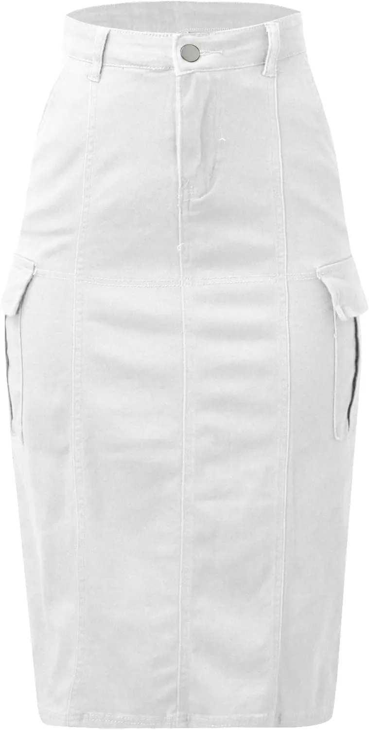 Women 2023 Spring Summer Long Skirts Solid High Waist A-Line Pleated Slim Jean Skirts with Pockets Midi Skirts