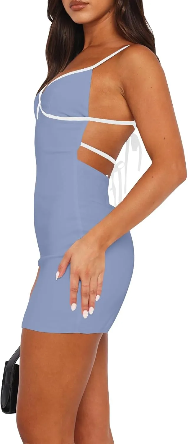 Women Backless Spaghetti Strap Mini Bodycon Dress Sexy Tight Stretchy Party Club Mini Dresses