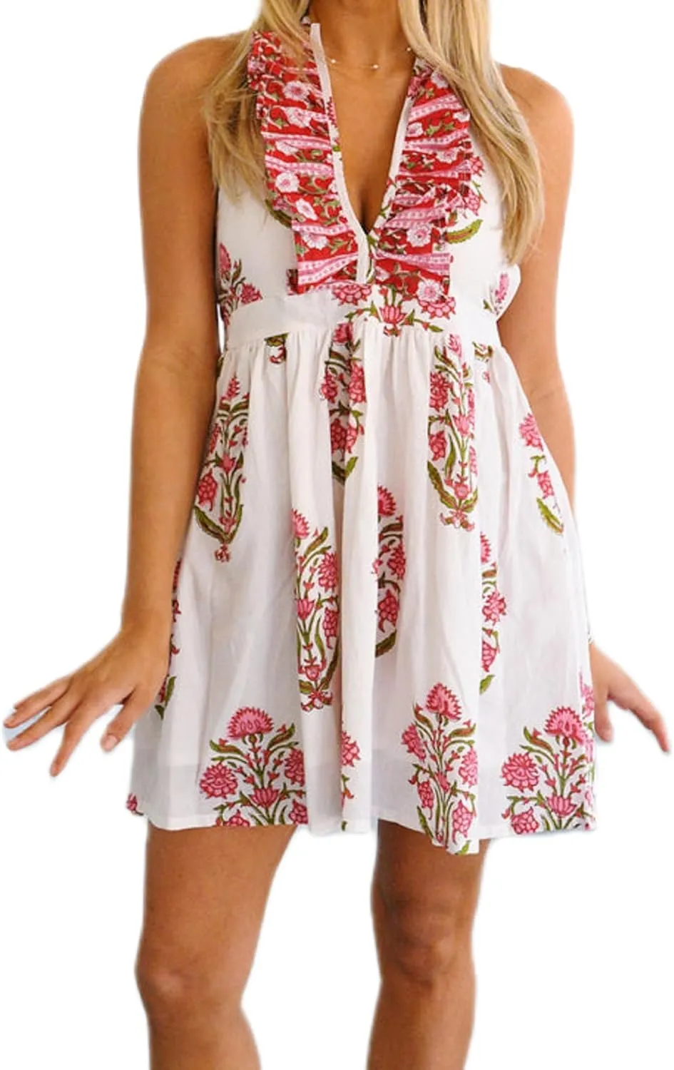 Women Boho Frill Halter Neck Mini Dress Backless V Neck Ruffle Hem Short Dresses Sleeveless Floral Summer Beach Dress