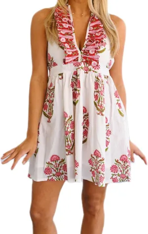 Women Boho Frill Halter Neck Mini Dress Backless V Neck Ruffle Hem Short Dresses Sleeveless Floral Summer Beach Dress