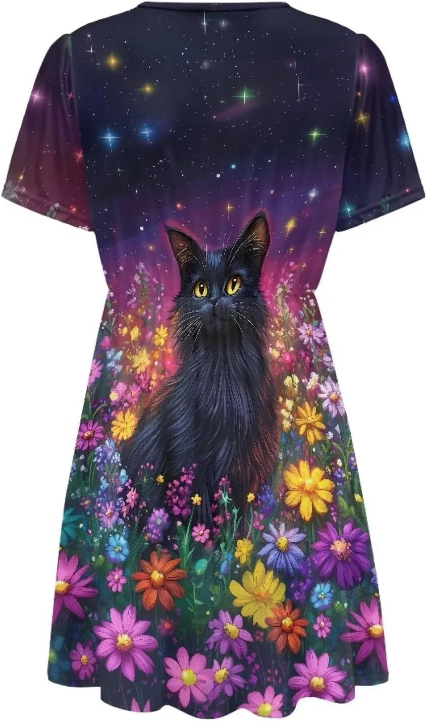 Women Casual Short Sleeve Sundress V Neck A-Line Midi Dress T-Shirt Dress 2025 Summer Beach Vacation Outfits S-XXL