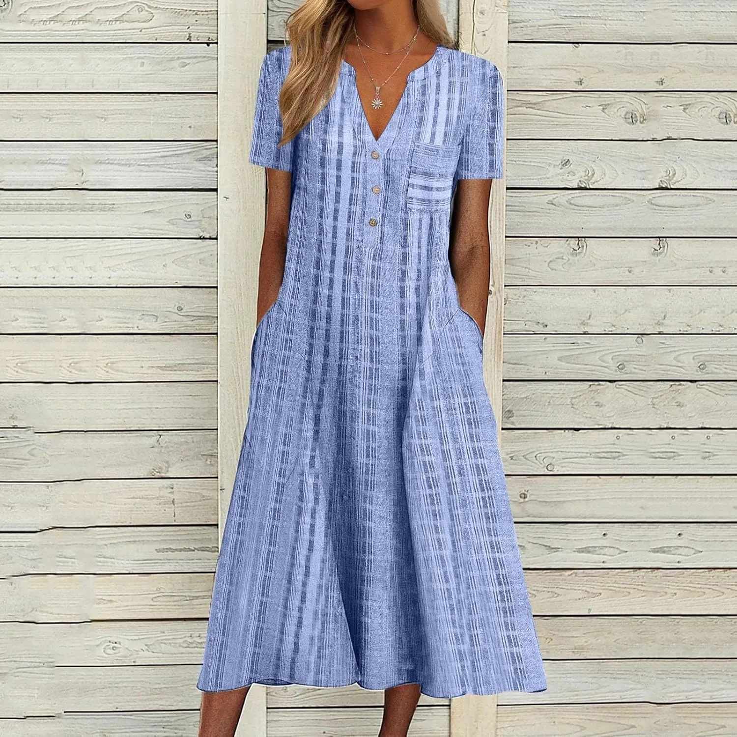 Women Casual Summer Stripe Button V Neck Sleeveless Pocket Holiday Dress Floral Sundress Midi Dress