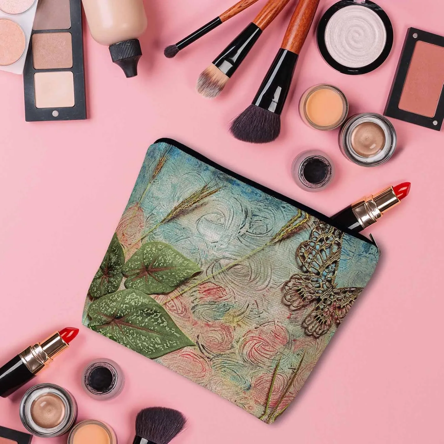 Women Cosmetic Bag Butterfly, Pond Green Leaves Floral Butterflies Cute Makeup Bag For Purse Cosmetic Travel Bag For Toiletries Makeup Storage Bag Flax Skincare Bag Make Up Pouch Bags