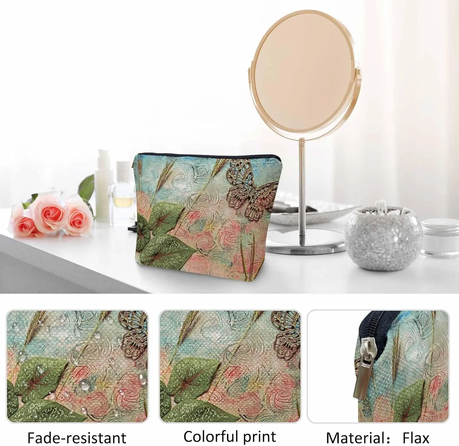 Women Cosmetic Bag Butterfly, Pond Green Leaves Floral Butterflies Cute Makeup Bag For Purse Cosmetic Travel Bag For Toiletries Makeup Storage Bag Flax Skincare Bag Make Up Pouch Bags