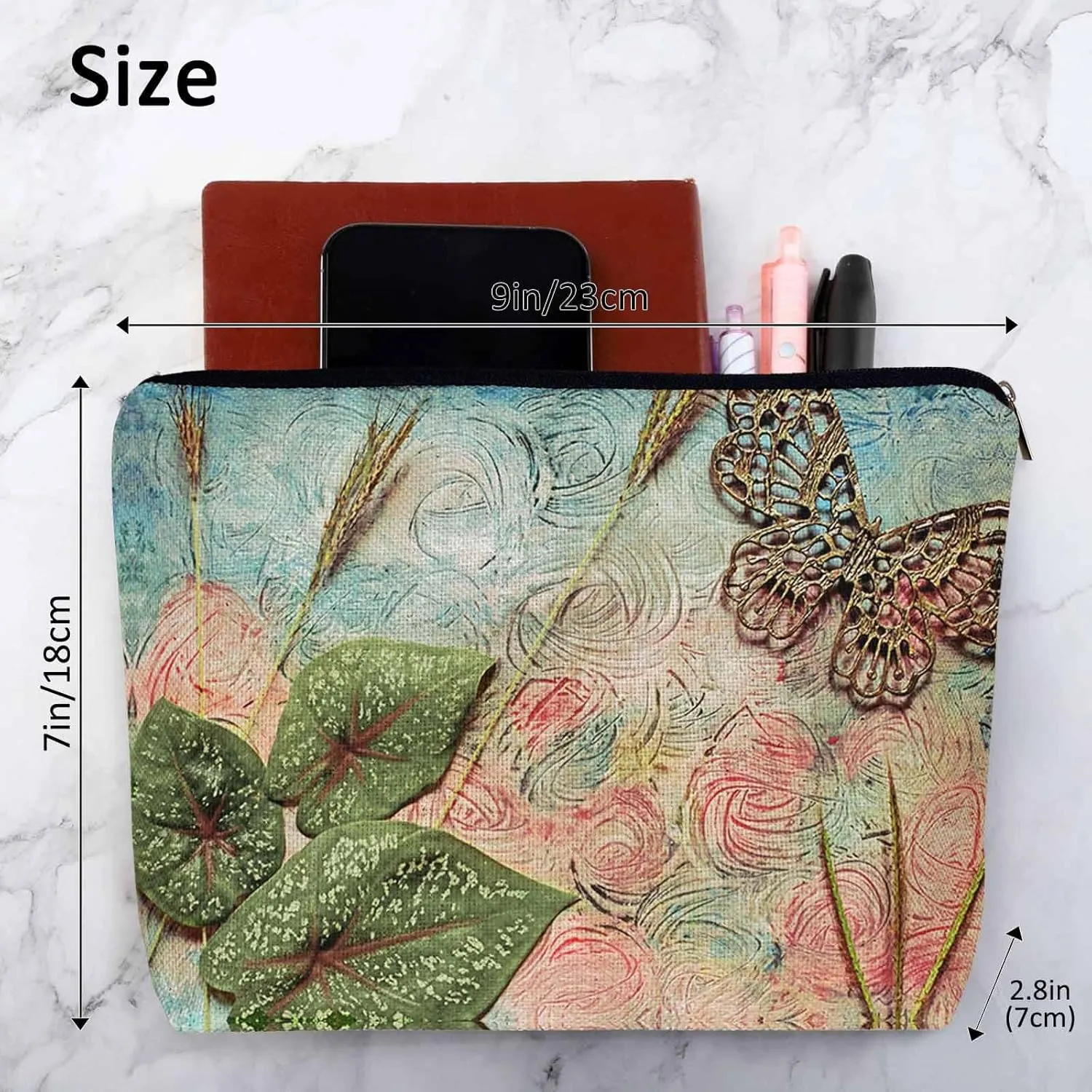 Women Cosmetic Bag Butterfly, Pond Green Leaves Floral Butterflies Cute Makeup Bag For Purse Cosmetic Travel Bag For Toiletries Makeup Storage Bag Flax Skincare Bag Make Up Pouch Bags