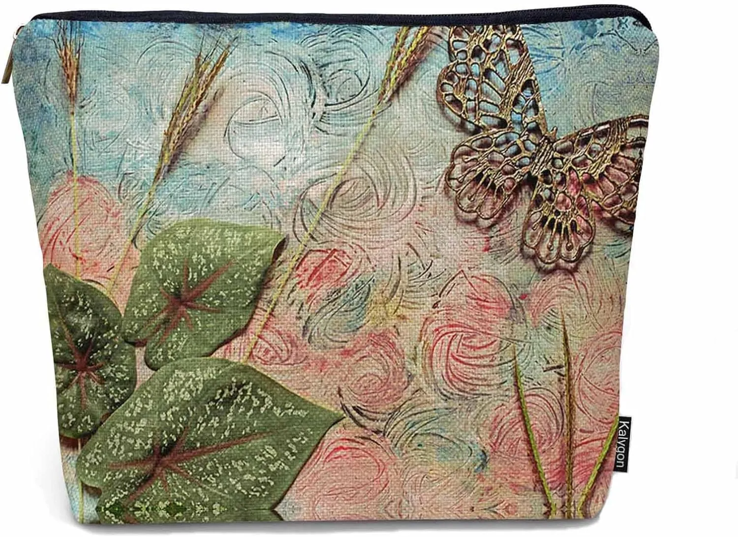 Women Cosmetic Bag Butterfly, Pond Green Leaves Floral Butterflies Cute Makeup Bag For Purse Cosmetic Travel Bag For Toiletries Makeup Storage Bag Flax Skincare Bag Make Up Pouch Bags