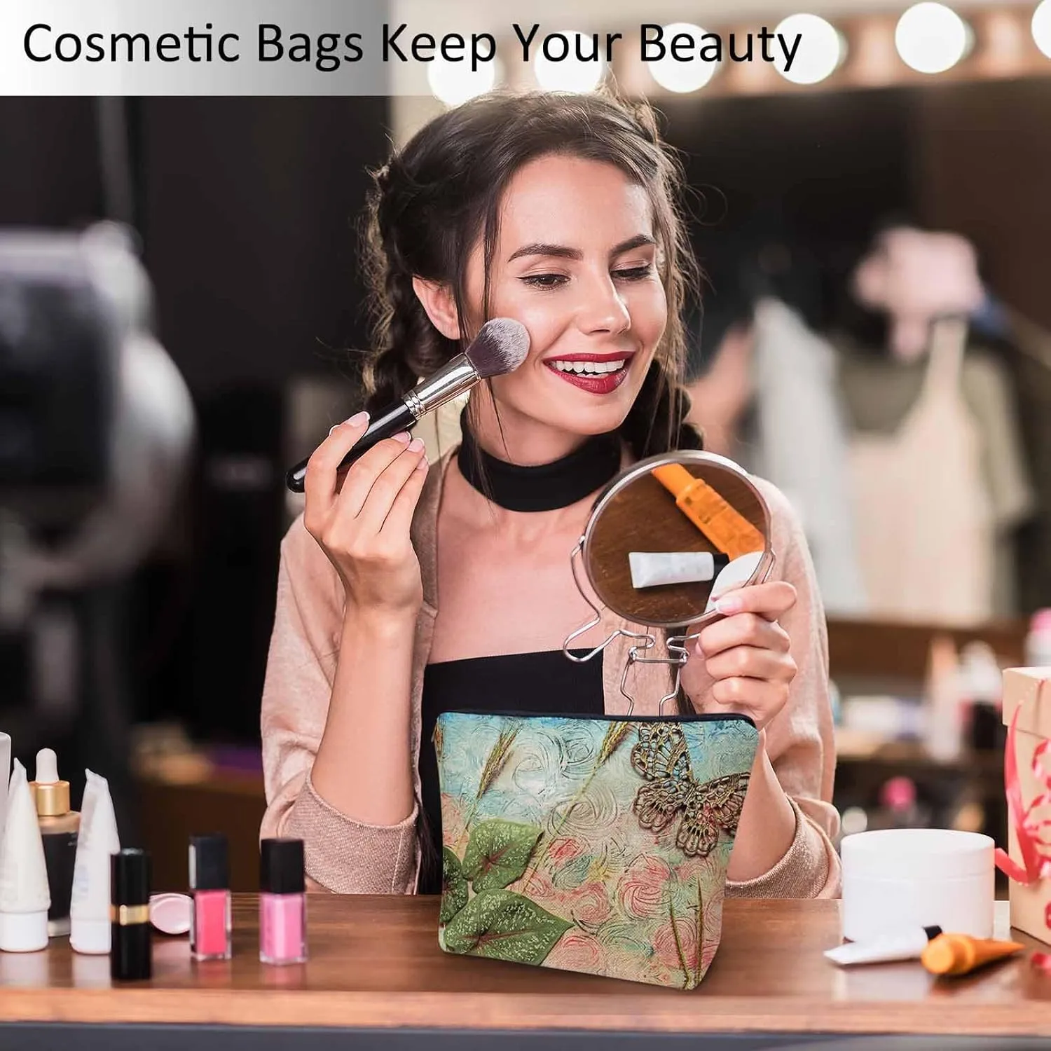 Women Cosmetic Bag Butterfly, Pond Green Leaves Floral Butterflies Cute Makeup Bag For Purse Cosmetic Travel Bag For Toiletries Makeup Storage Bag Flax Skincare Bag Make Up Pouch Bags