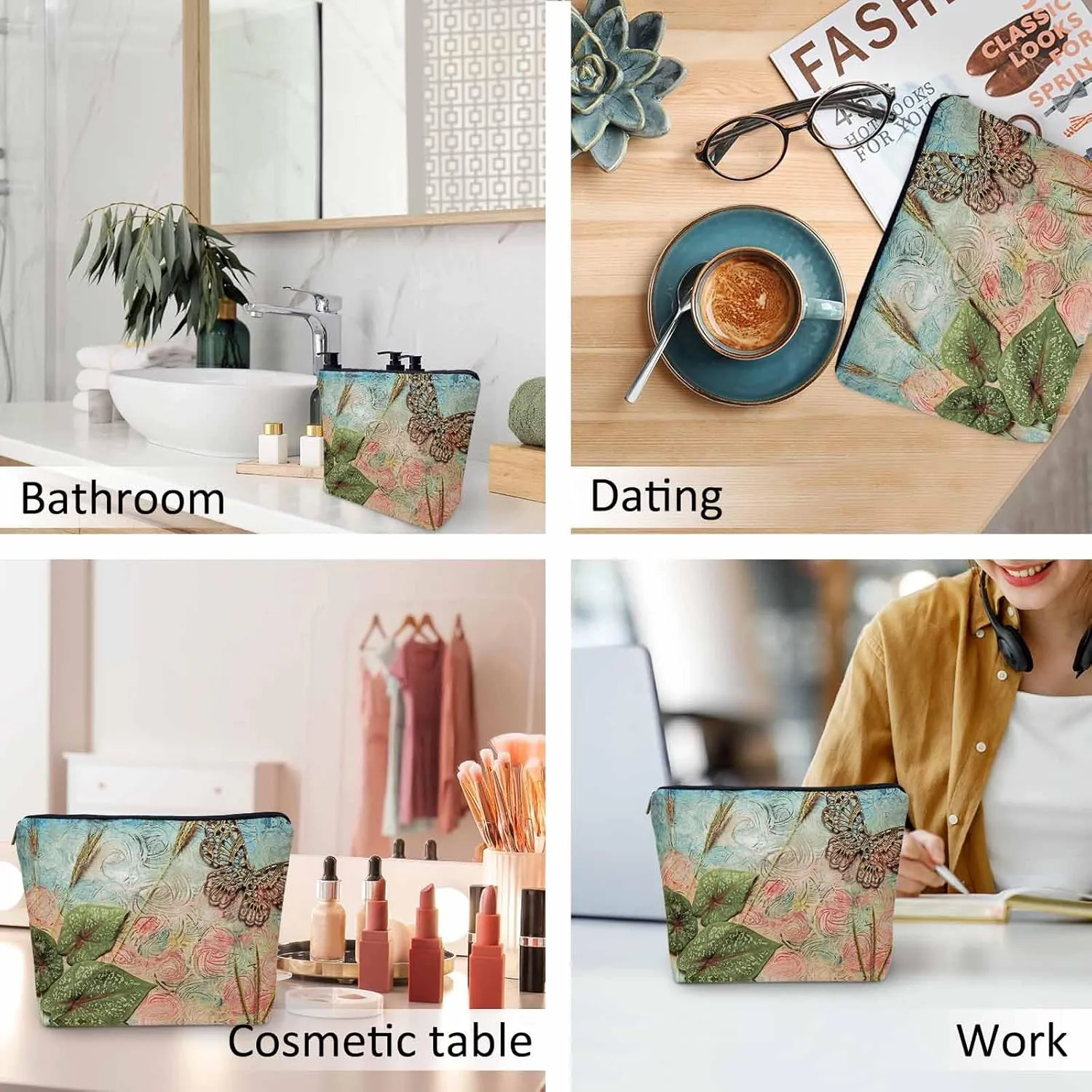 Women Cosmetic Bag Butterfly, Pond Green Leaves Floral Butterflies Cute Makeup Bag For Purse Cosmetic Travel Bag For Toiletries Makeup Storage Bag Flax Skincare Bag Make Up Pouch Bags