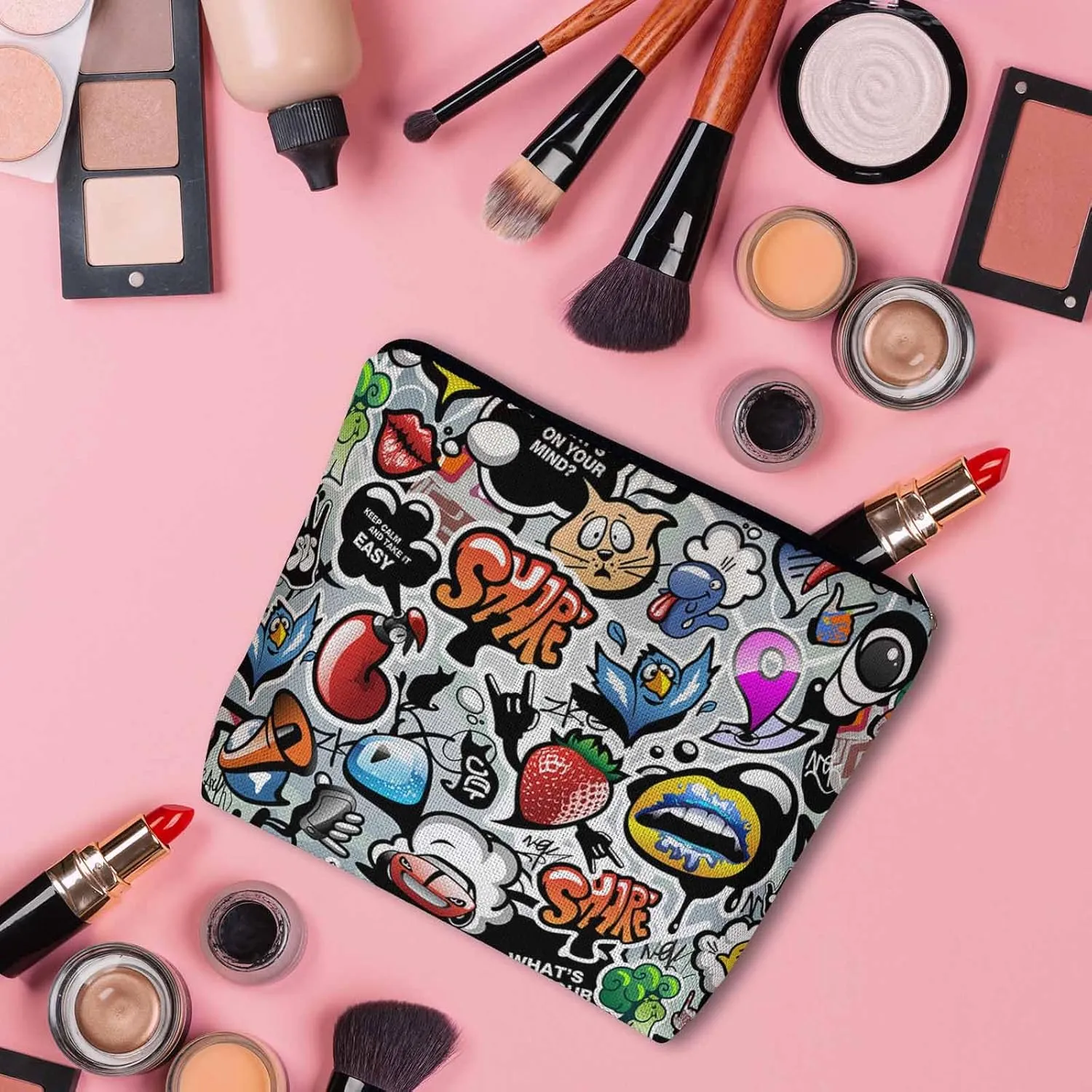 Women Cosmetic Bag Graffiti, Rainbow Graffiti Social Media Signs Cute Makeup Bag For Purse Cosmetic Travel Bag For Toiletries Makeup Storage Bag Flax Skincare Bag Make Up Pouch Bags