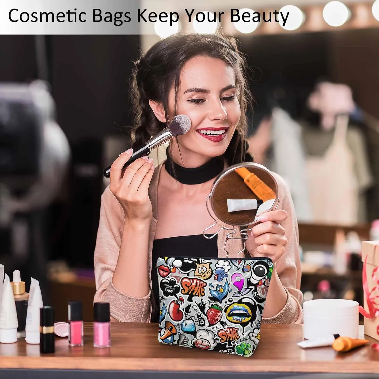 Women Cosmetic Bag Graffiti, Rainbow Graffiti Social Media Signs Cute Makeup Bag For Purse Cosmetic Travel Bag For Toiletries Makeup Storage Bag Flax Skincare Bag Make Up Pouch Bags