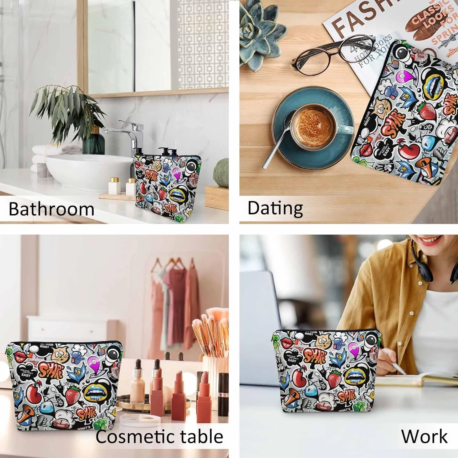 Women Cosmetic Bag Graffiti, Rainbow Graffiti Social Media Signs Cute Makeup Bag For Purse Cosmetic Travel Bag For Toiletries Makeup Storage Bag Flax Skincare Bag Make Up Pouch Bags