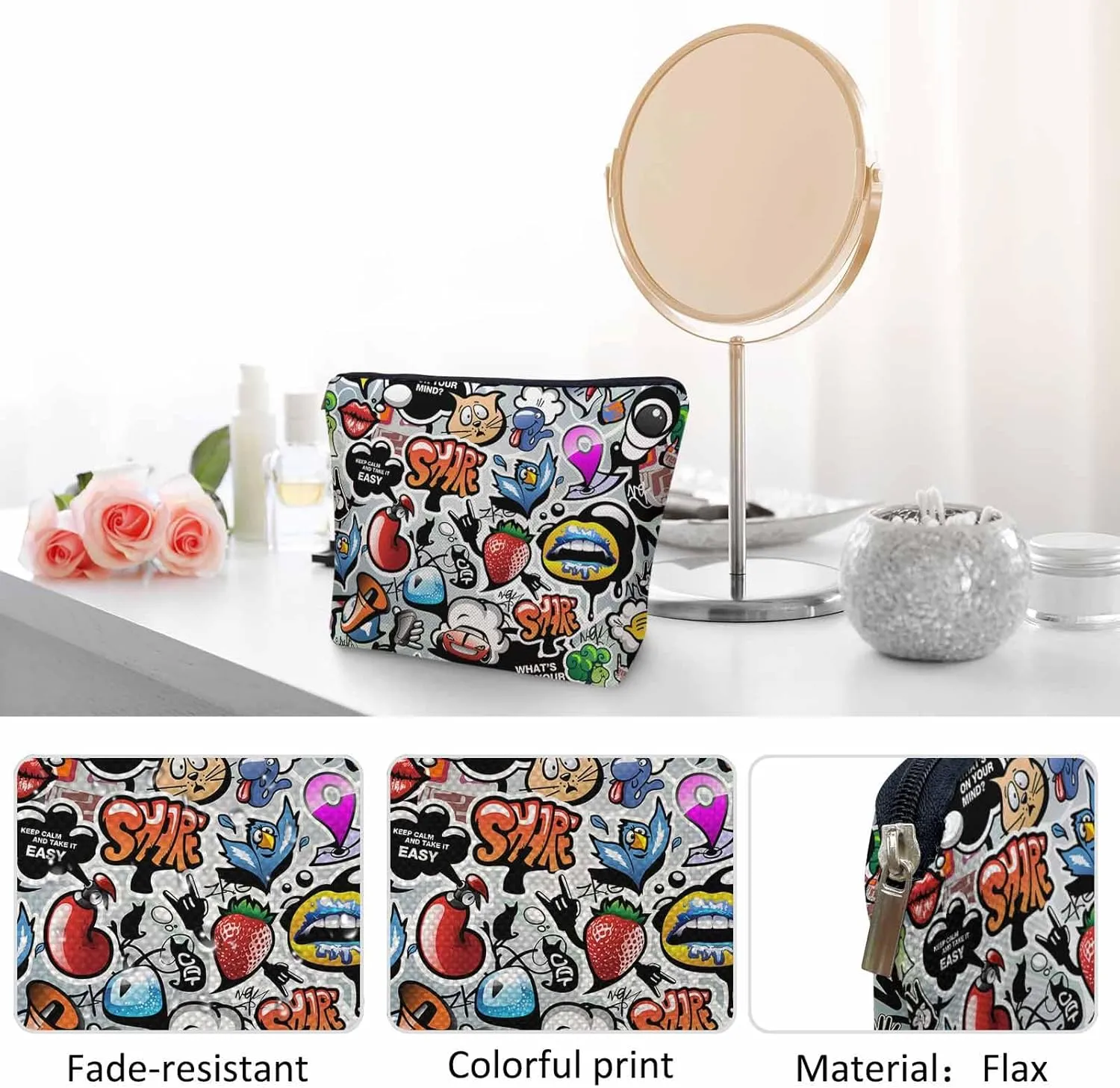 Women Cosmetic Bag Graffiti, Rainbow Graffiti Social Media Signs Cute Makeup Bag For Purse Cosmetic Travel Bag For Toiletries Makeup Storage Bag Flax Skincare Bag Make Up Pouch Bags
