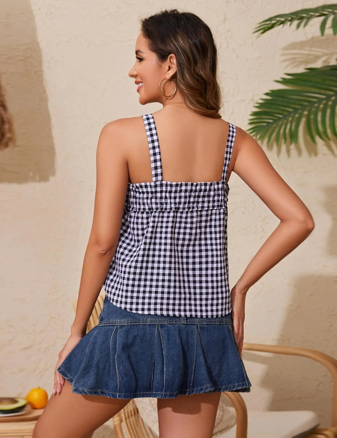 Women Cute Tie Front Plaid Crop Tank Tops Square Neck Sleeveless Gingham Camisole Tops Summer Backless Cropped Vest