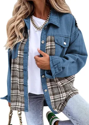 Women Denim Jean Jacket Plaid Shackets Button Down Lightweight Oversized Pocketed Coat Outfits Tops 2024 Fall
