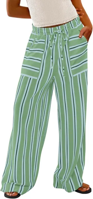 Women Drawstring Stripe Wide Leg Trousers Low Rise Casual Loose Lounge Pants with Pockets, Large, 02-blue
