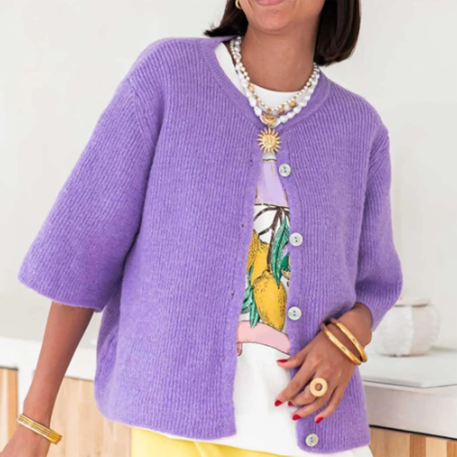 Women Knitted Button Down Short Sleeve Tops Y2K Solid Color Crew Neck Relaxed Sweater Cardigan Going Out Knit Tops