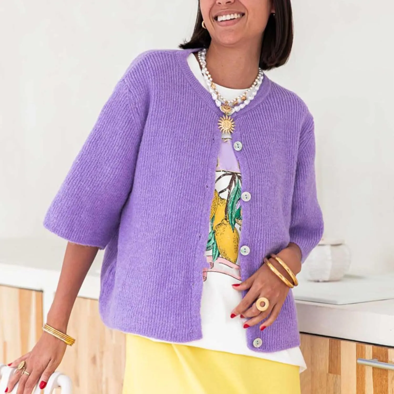 Women Knitted Button Down Short Sleeve Tops Y2K Solid Color Crew Neck Relaxed Sweater Cardigan Going Out Knit Tops