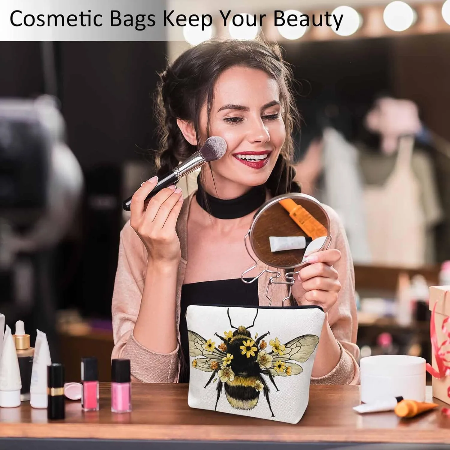 Women Makeup Organizer Bag Bumblebee Bumblebee Honey Bee Sunflowers Yellow Flax Cosmetic Bag Makeup Bags Toiletry Bag Accessories Organizer Travel Bags For Home Bathroom Office Hotel Gym