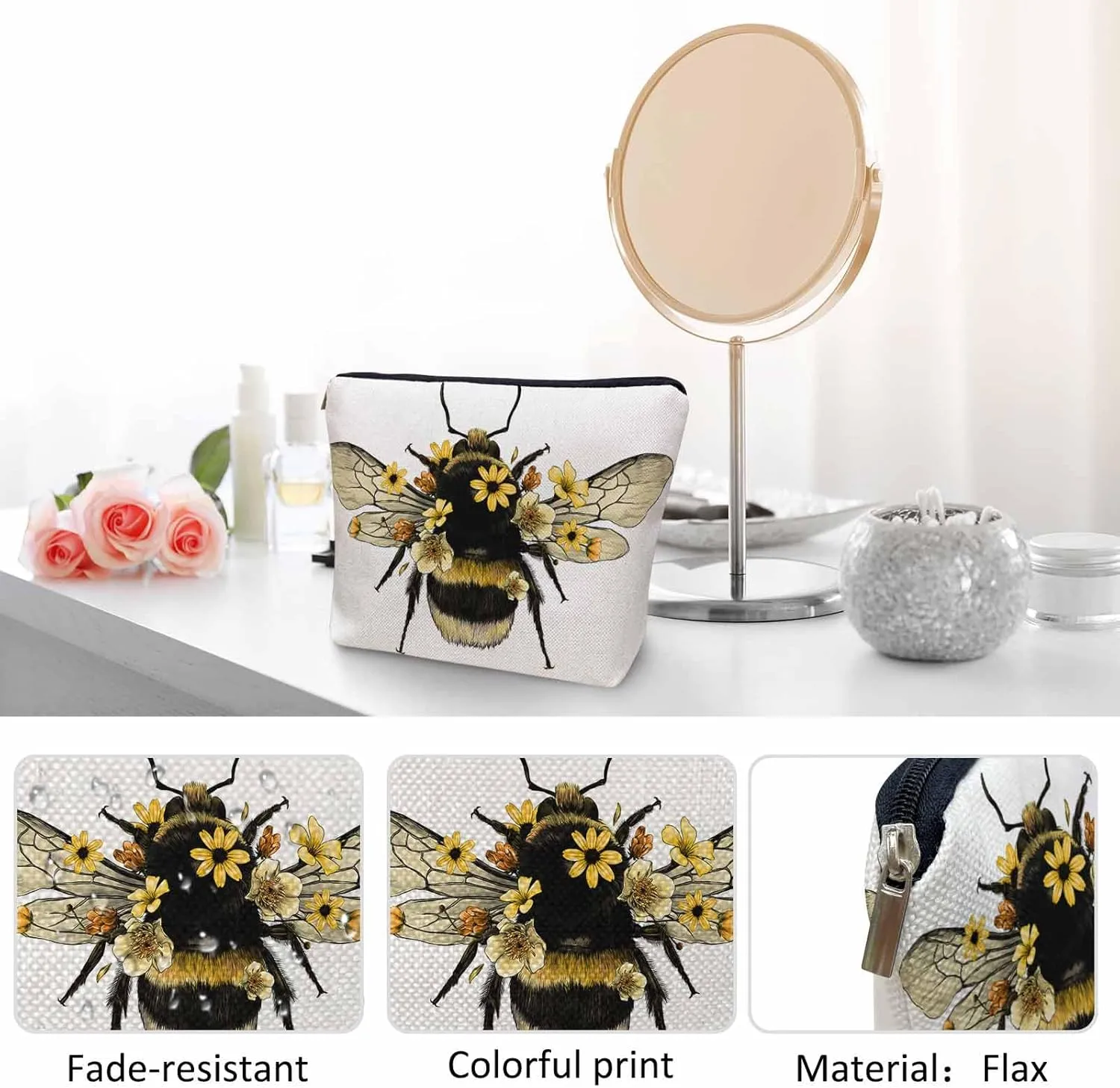 Women Makeup Organizer Bag Bumblebee Bumblebee Honey Bee Sunflowers Yellow Flax Cosmetic Bag Makeup Bags Toiletry Bag Accessories Organizer Travel Bags For Home Bathroom Office Hotel Gym