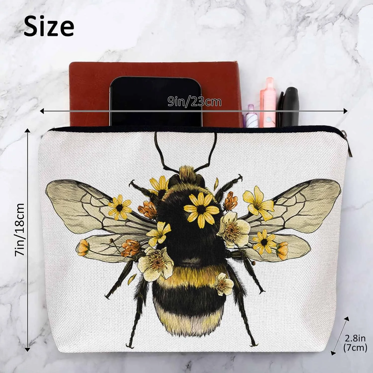 Women Makeup Organizer Bag Bumblebee Bumblebee Honey Bee Sunflowers Yellow Flax Cosmetic Bag Makeup Bags Toiletry Bag Accessories Organizer Travel Bags For Home Bathroom Office Hotel Gym