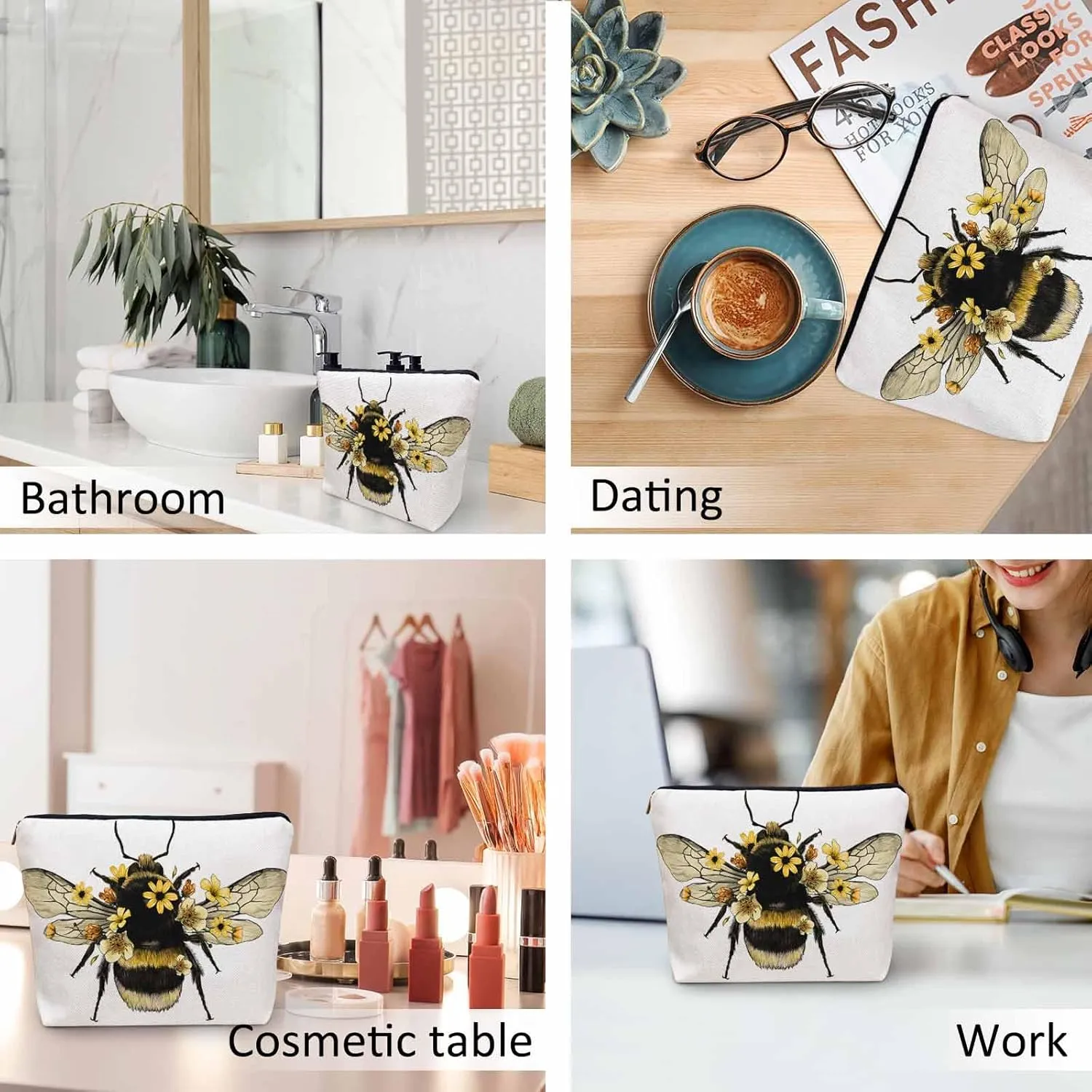 Women Makeup Organizer Bag Bumblebee Bumblebee Honey Bee Sunflowers Yellow Flax Cosmetic Bag Makeup Bags Toiletry Bag Accessories Organizer Travel Bags For Home Bathroom Office Hotel Gym