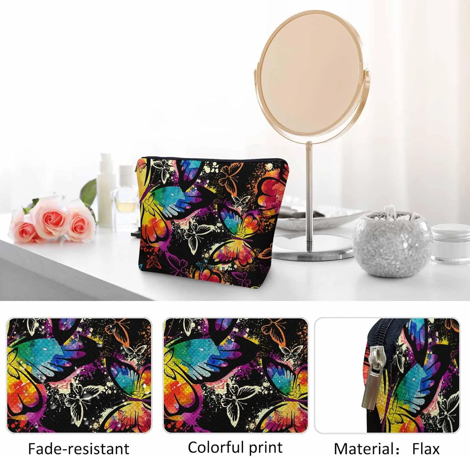 Women Makeup Organizer Bag Butterfly Graffiti Rainbow Butterflies Flax Cosmetic Bag Makeup Bags Toiletry Bag Accessories Organizer Travel Bags For Home Bathroom Office Hotel Gym