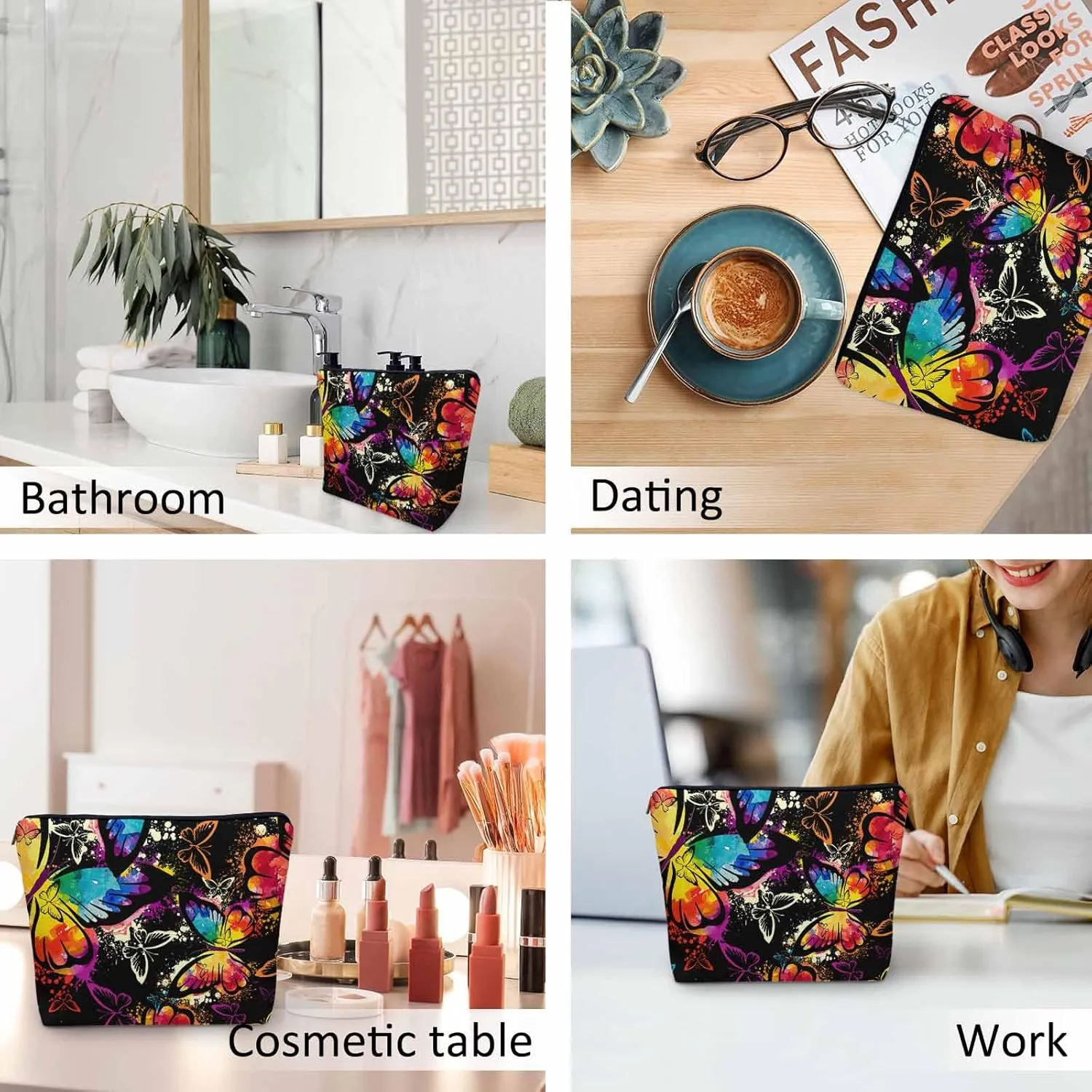 Women Makeup Organizer Bag Butterfly Graffiti Rainbow Butterflies Flax Cosmetic Bag Makeup Bags Toiletry Bag Accessories Organizer Travel Bags For Home Bathroom Office Hotel Gym