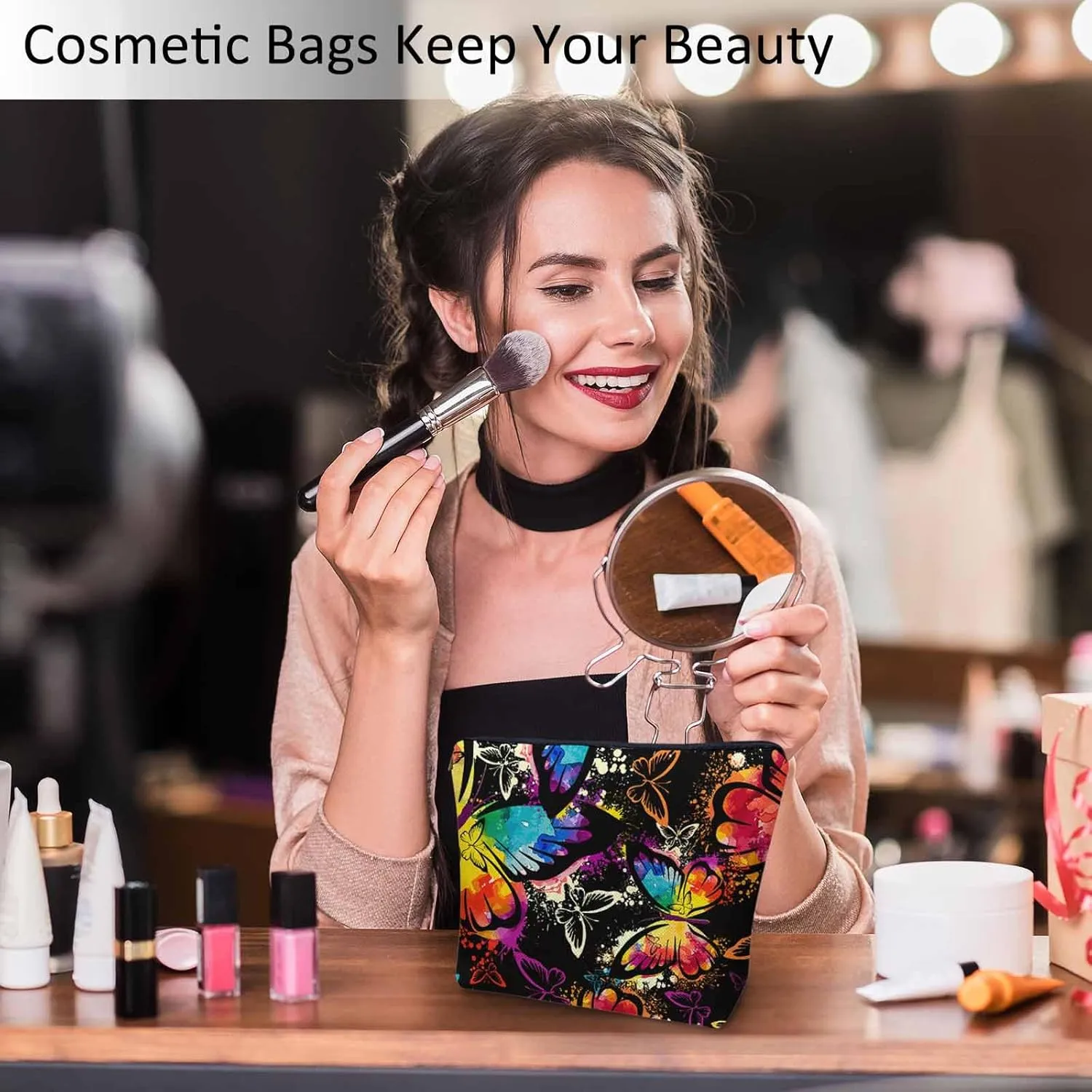 Women Makeup Organizer Bag Butterfly Graffiti Rainbow Butterflies Flax Cosmetic Bag Makeup Bags Toiletry Bag Accessories Organizer Travel Bags For Home Bathroom Office Hotel Gym