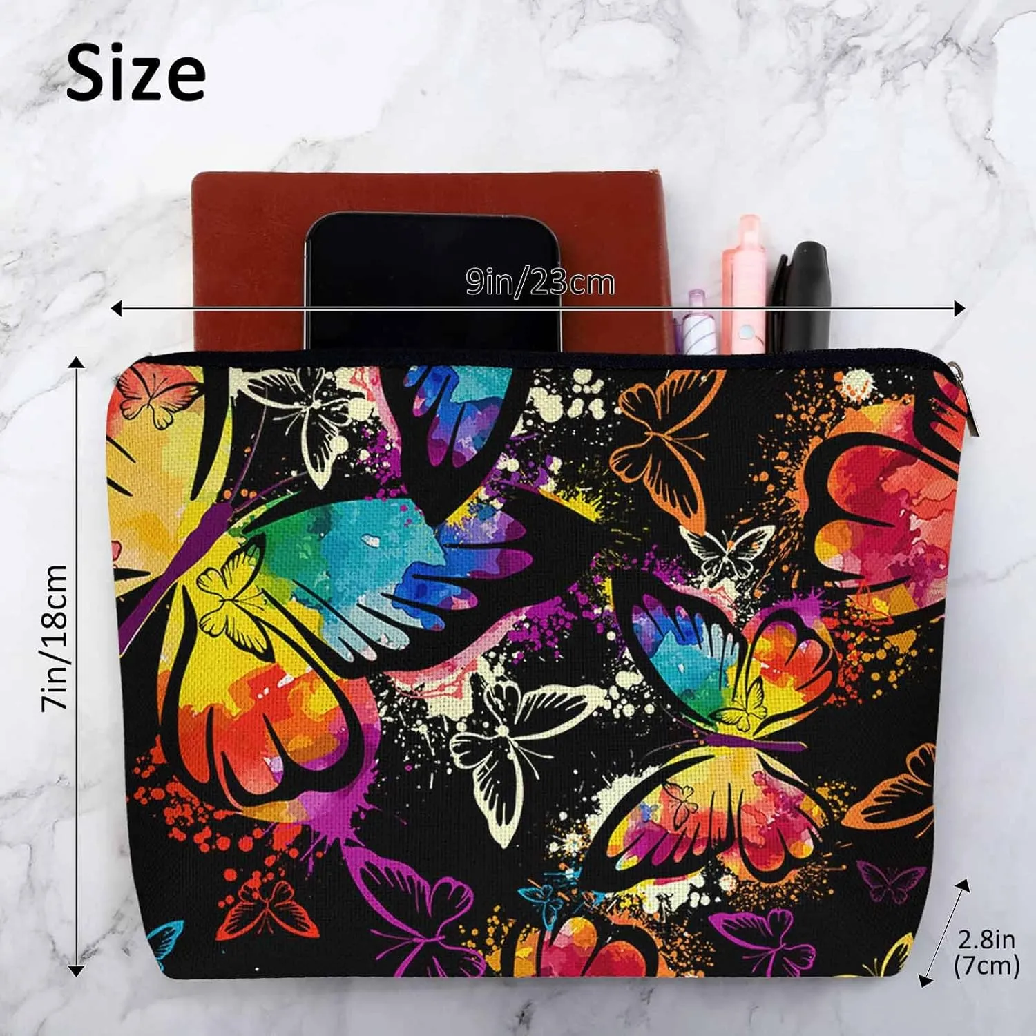 Women Makeup Organizer Bag Butterfly Graffiti Rainbow Butterflies Flax Cosmetic Bag Makeup Bags Toiletry Bag Accessories Organizer Travel Bags For Home Bathroom Office Hotel Gym