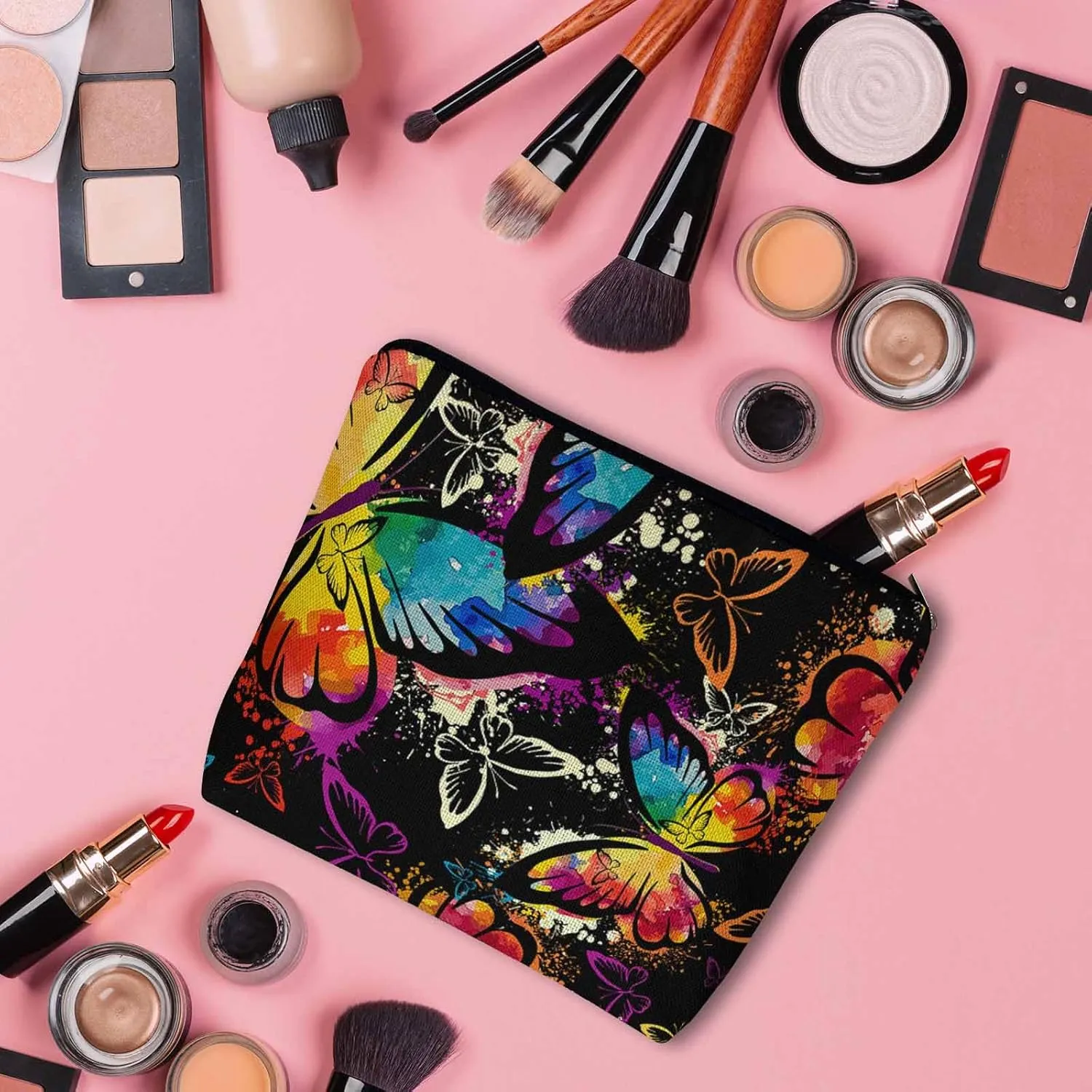 Women Makeup Organizer Bag Butterfly Graffiti Rainbow Butterflies Flax Cosmetic Bag Makeup Bags Toiletry Bag Accessories Organizer Travel Bags For Home Bathroom Office Hotel Gym