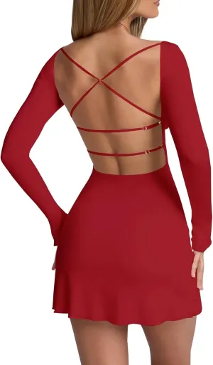 Women Open Back A-line Deep V-Neck Long Sleeve Bodycon Mini Dress Slim Fit Stretchy Cocktail Dresses